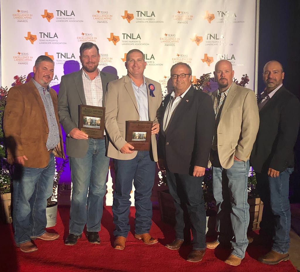 Pictured Left to Right: Brett Nichols, Matt Stults, Richie Bartek, Ivan Giraldo, Greg Fox, Jorge Espinosa accepting an award for Texas Excellence in Landscaping